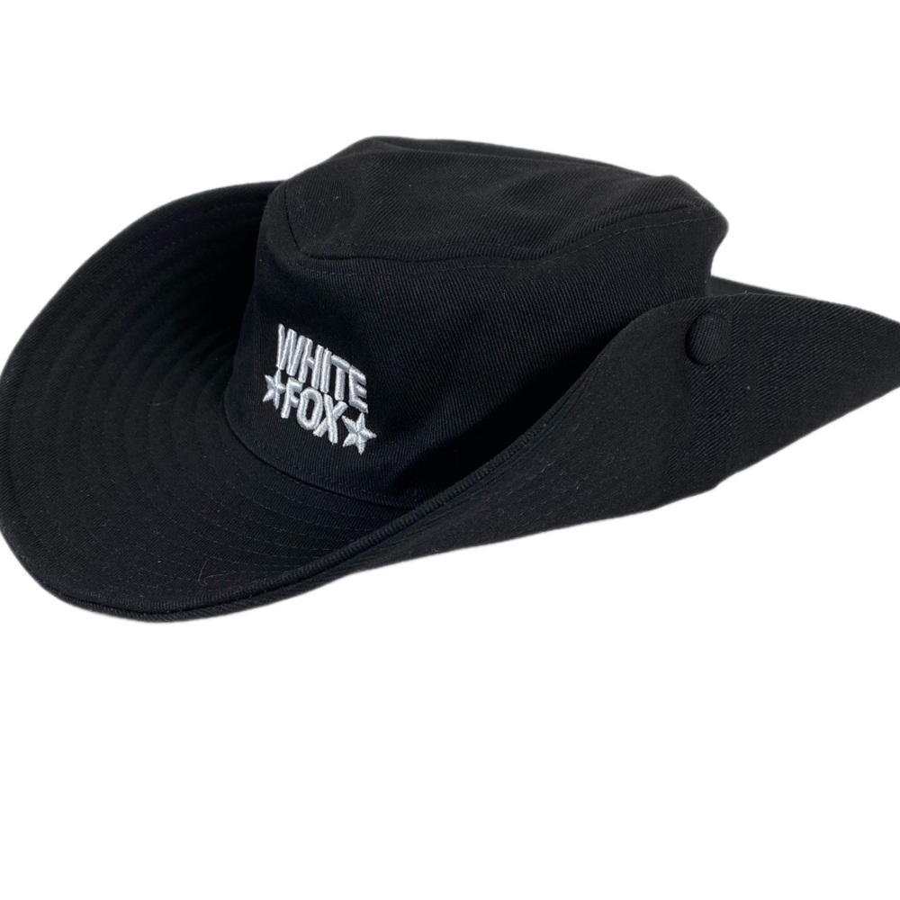 White Fox Black Wide Brim Sun Hat Snap Up Sides Cowboy Style - Picture 5 of 5